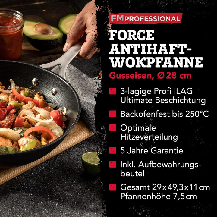 FMprofessional Force Wokpfanne aus Gusseisen 28 cm – Bratpfanne mit hochwertiger Antihaftbeschichtun