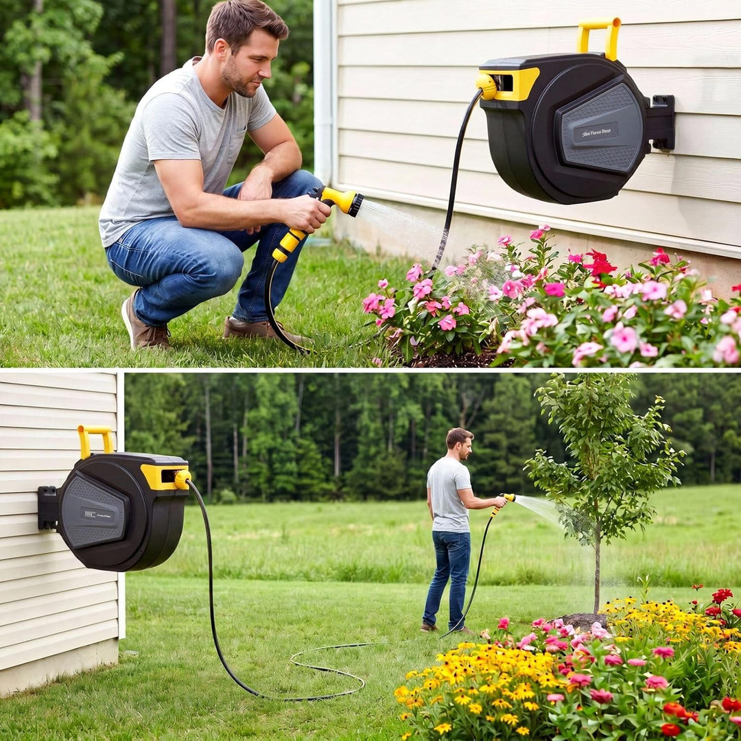 Schlauchtrommel mit Gartenschlauch 20m, Schlauchaufroller zur Wandmontage, 180° Schwenkbar & Automat