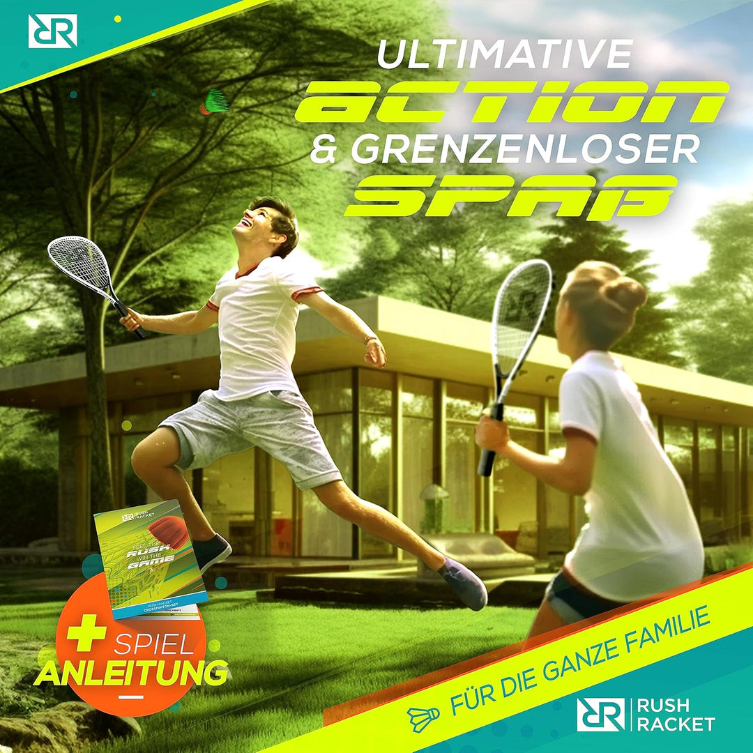Rush Racket Set RS3 Speed Badminton Set 5-teilig (2X Schläger, 5X Federbälle, 1x Softball, 8X Feldma