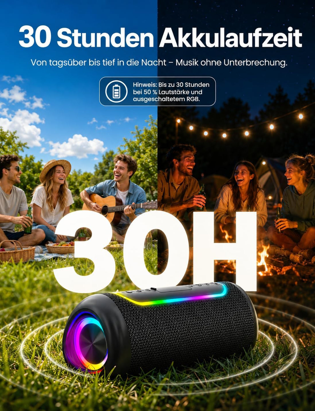 UOHHBOE 30W Bluetooth Lautsprecher Tragbarer Musikbox Bluetooth 5.4 Dual Stereo & TWS 30 Std Akku RG