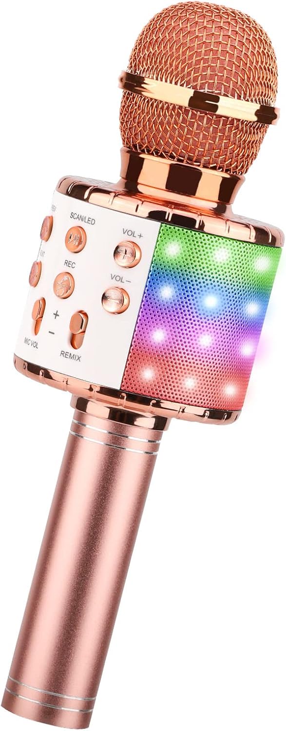 ShinePick Mikrofon Kinder Bluetooth, 4-in-1 Drahtloses Karaoke Mikrofon, Tragbare LED Microphone Spi
