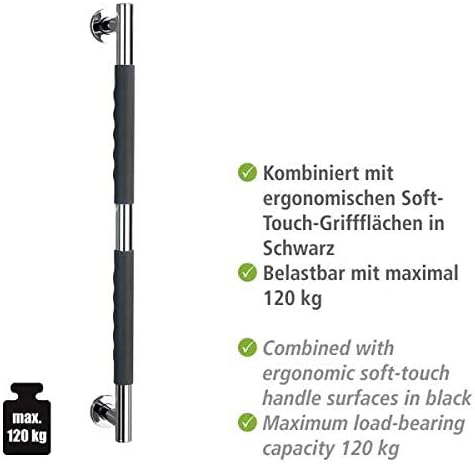 WENKO Edelstahl Wandhaltegriff Secura 65,5 cm - Bad-Sicherheitsgriff für Badewanne oder WC, Silikon,