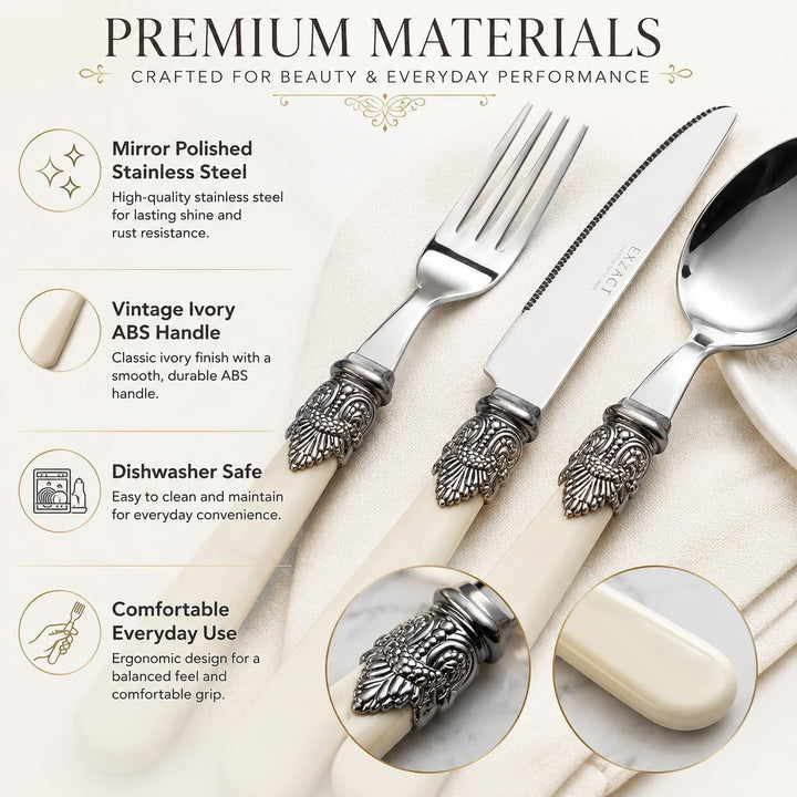 EXZACT Elfenbein Creme Besteck Set 24 Stück, Edelstahl mit detaillierten Griff, traditionelle, elega