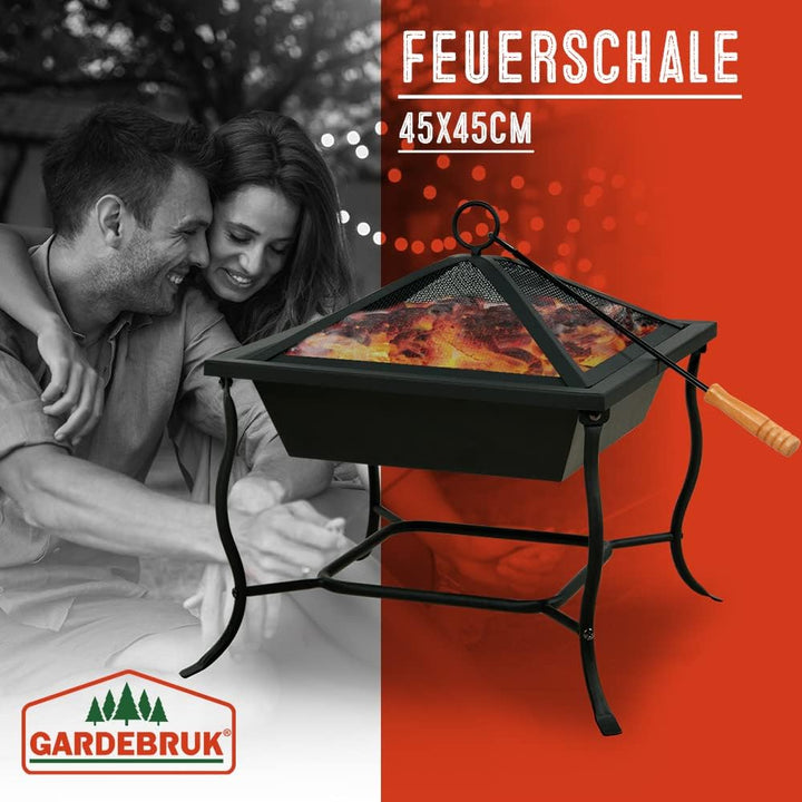 Deuba® Feuerschale mit Funkenschutz Schürhaken Eckig 45x45cm Modern Stahl Schwarz Terrasse Garten Ba