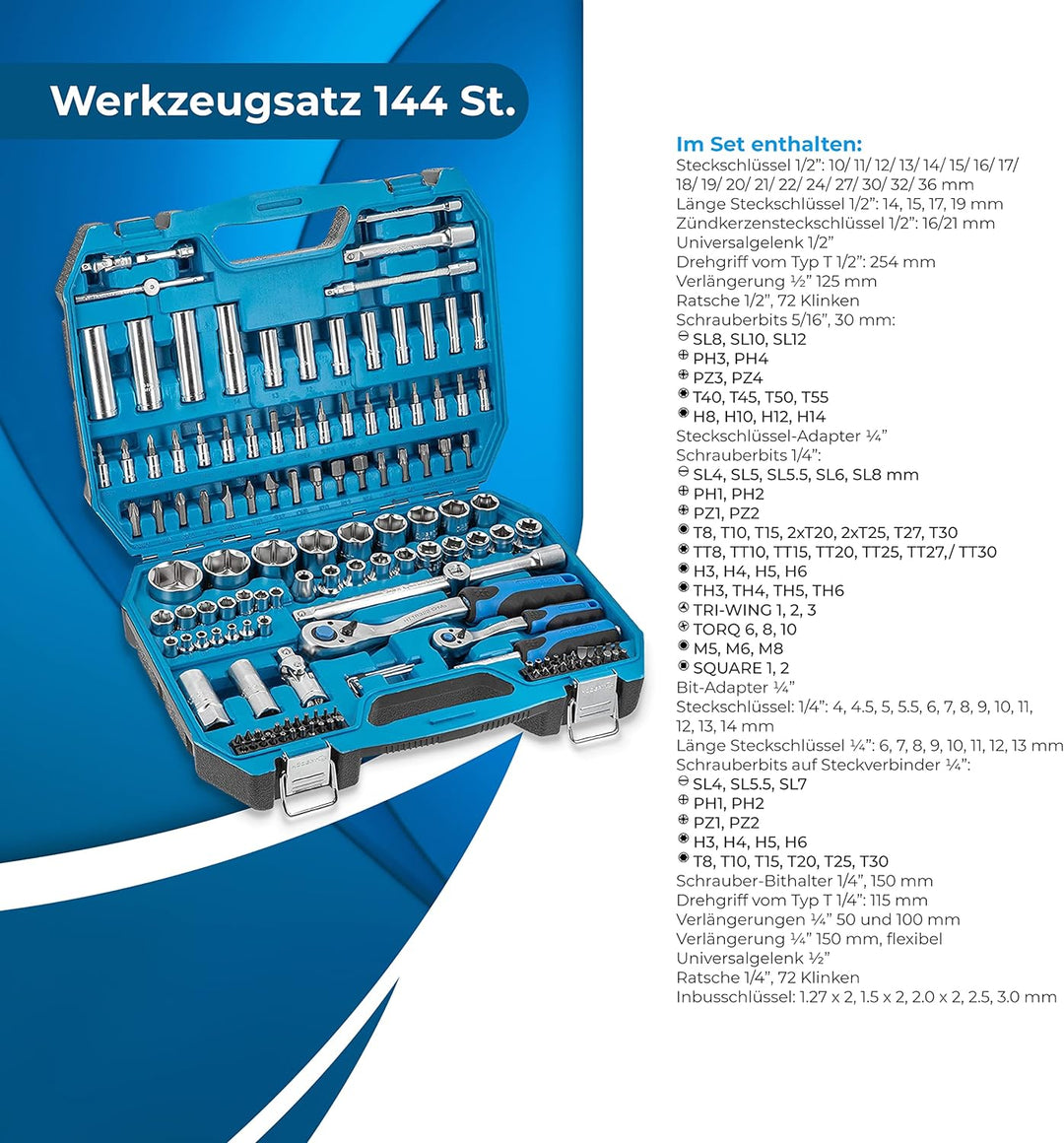 Högert Technik - Werkzeugset I Steckschlüssel, Bits und Zubehör I 1/4” und 1/2” I Hochqualitativem L