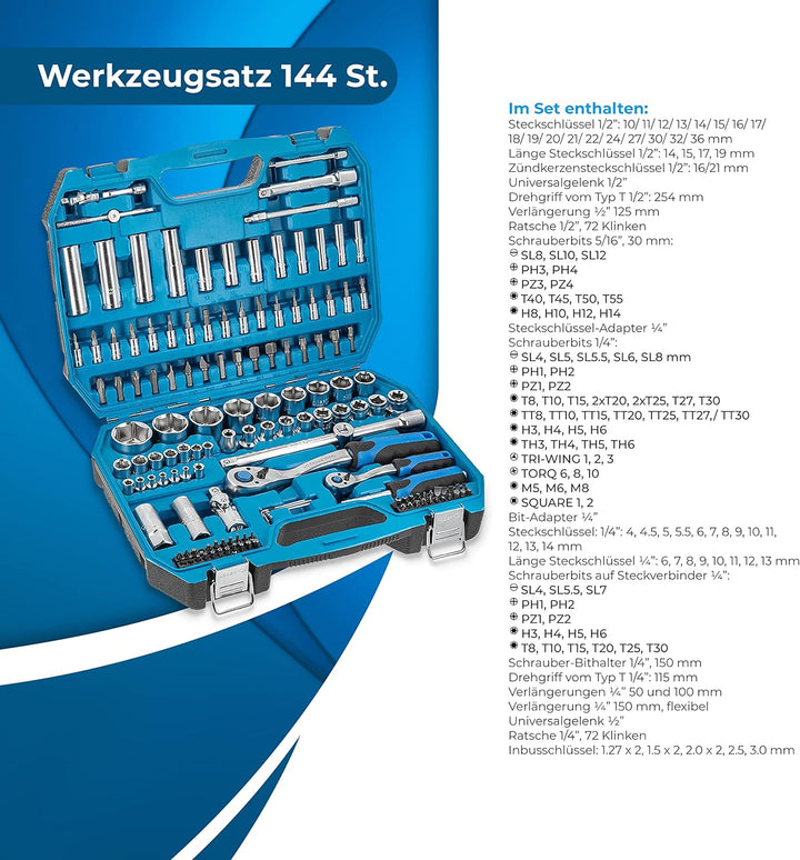 Högert Technik - Werkzeugset I Steckschlüssel, Bits und Zubehör I 1/4” und 1/2” I Hochqualitativem L