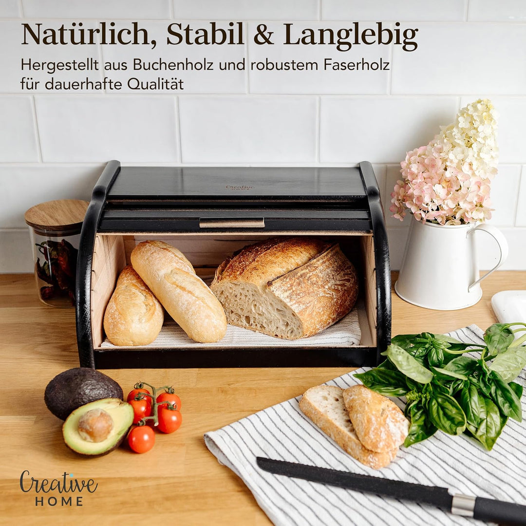 Creative Home Schwarz Brotkasten Holz | 38 x 28,5 x 17,5cm (+/-1cm) | Perfekte BrotBox für Brot Bröt