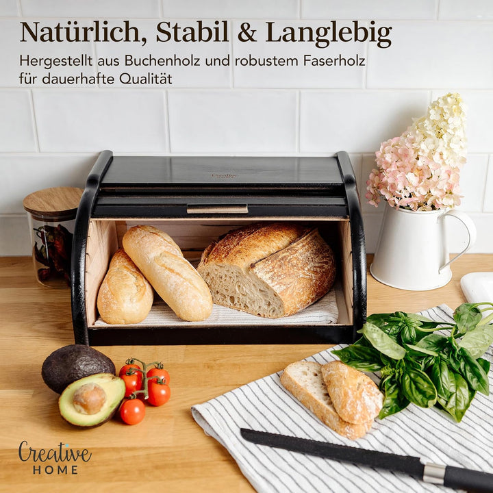 Creative Home Schwarz Brotkasten Holz | 38 x 28,5 x 17,5cm (+/-1cm) | Perfekte BrotBox für Brot Bröt