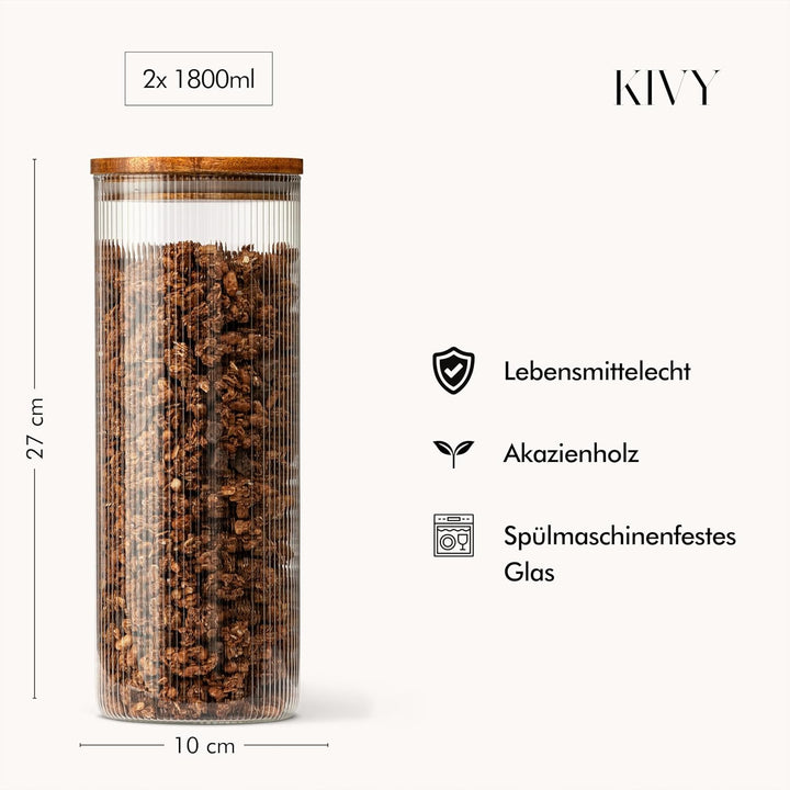 KIVY Riffel Vorratsgläser mit Deckel Luftdicht - 2 x 1.8L - Für Spaghetti, Mehl, Müsli Aufbewahrung