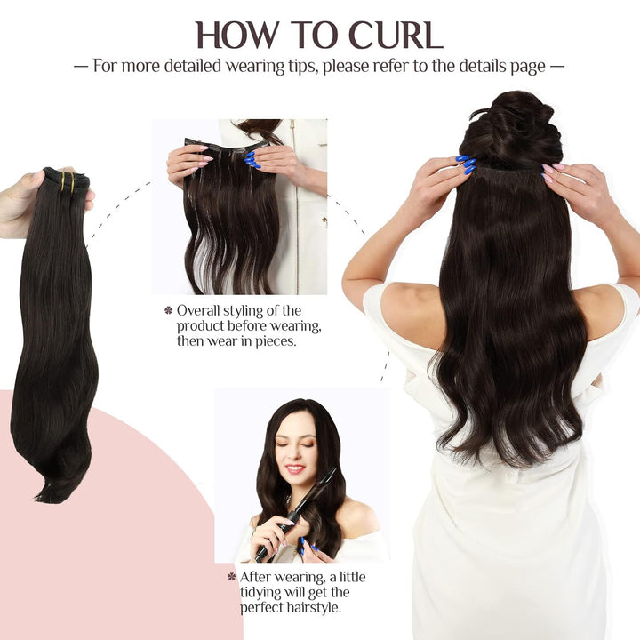 MAXITA PU Clip in Extensions Echthaar, 40cm 16 Zoll 110g 7 Stück Dunkelbraun Seamless Clip in Extens