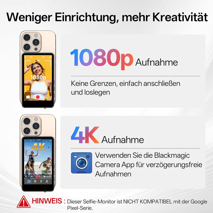 Moman Selfie Monitor Handy 3,97" für iPhone & Android, Handy Monitor Bildschirm Magnetisch, Rückkame