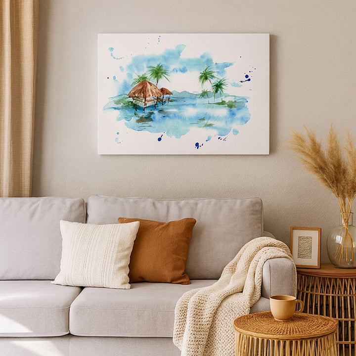 Bilder auf Leinwand 100x70cm Leinwandbild Tropen Wasser Bungalow Ufer Gross Wanddeko Bild Schlafzimm