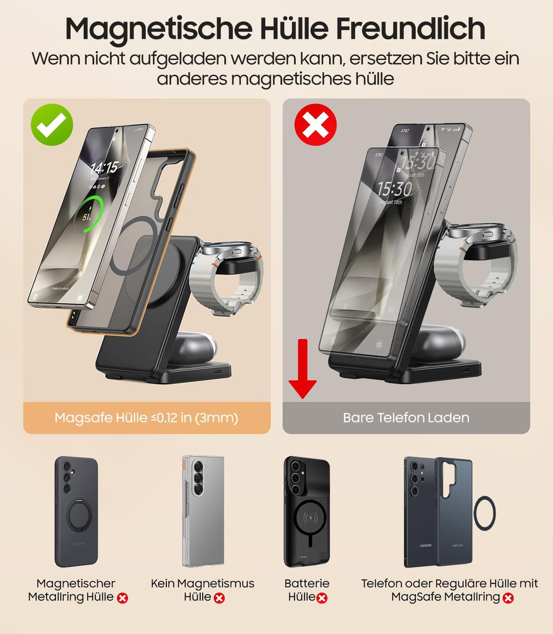 Faltbar Magnetisch Induktive Ladestation für Samsung, 3 in 1 Wireless Charger für Samsung Galaxy S26