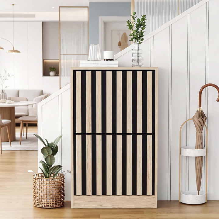 UEV Schuhschrank mit 2 Klappen Holz, Schuhregal Schmal (Natur+Schwarz) | Schuhkipper mit Kippschutz