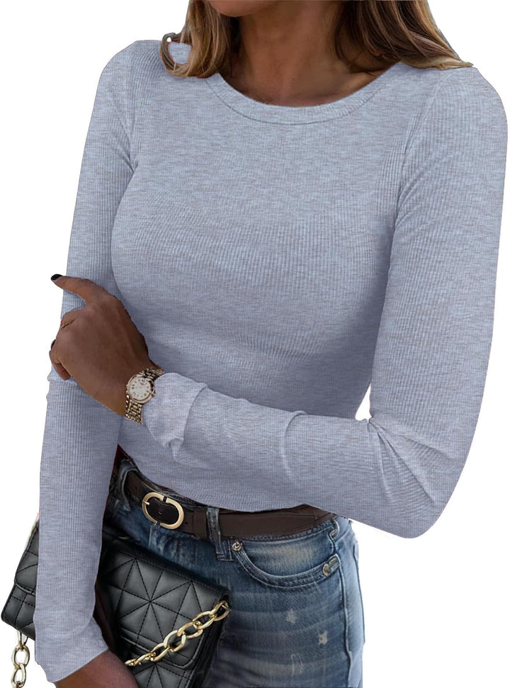 DUOEASE Langarmshirt Damen Rundhal Pullover Elegant Langarm Oberteile Rippshirt Tshirts Basic Tops B