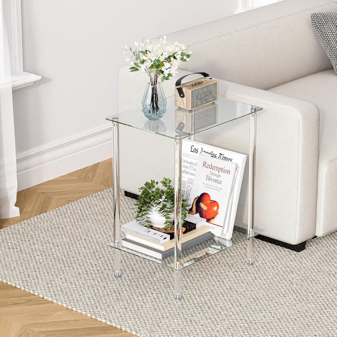 Beistelltisch Glas Eckig Nachttisch Transparent Glastisch Mobiler Couchtisch 2 Ablagen Glasregal Woh