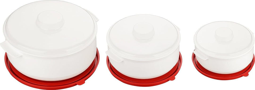Kigima Mikrowellen - Kochtopf - Frischhalte und Tiefkühlset Set 3-teilig Töpfe 0,5L, 1L, 2L Rot/Weis