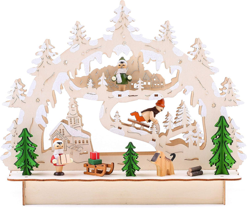 BRUBAKER 3D LED Lichterbogen Schwibbogen - Winterlandschaft mit Kirche - LED Beleuchtung - Holz natu