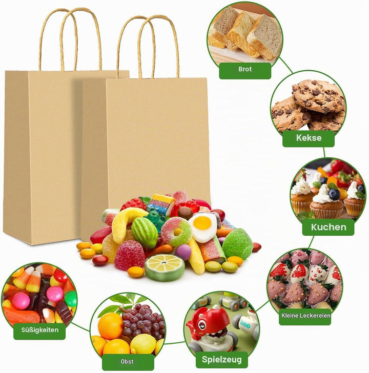 Gucass 50 Stück Gross Papiertüten mit Henkel, Braun Kraft Papiertaschen Geschenktüten, 26x12x33cm Pa