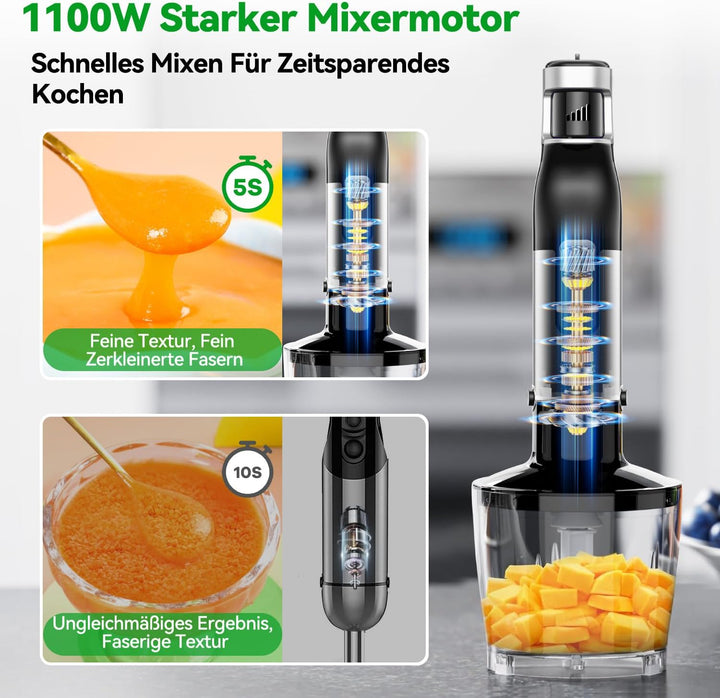 Stabmixer Set 5 in 1, 1100W Pürierstab Elektrisch, Stufenlose Geschwindigkeit, Edelstahl Hand Blende