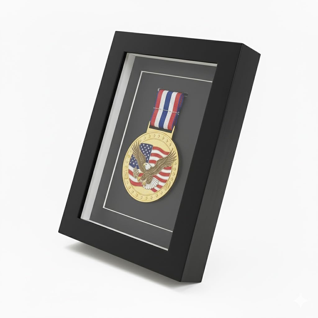 Medaillen-Vitrine – schwarze Holz-Medaillen-Schattenbox mit Glasfront, Militär-Medaillenbox für Spor