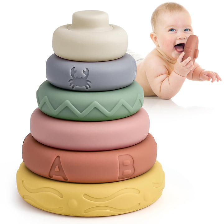 Mini Tudou 6 Stück Stapelspielzeug mit Ringen,Stapelturm & Beissringe für Stapelspiel,Squeeze Zahnen