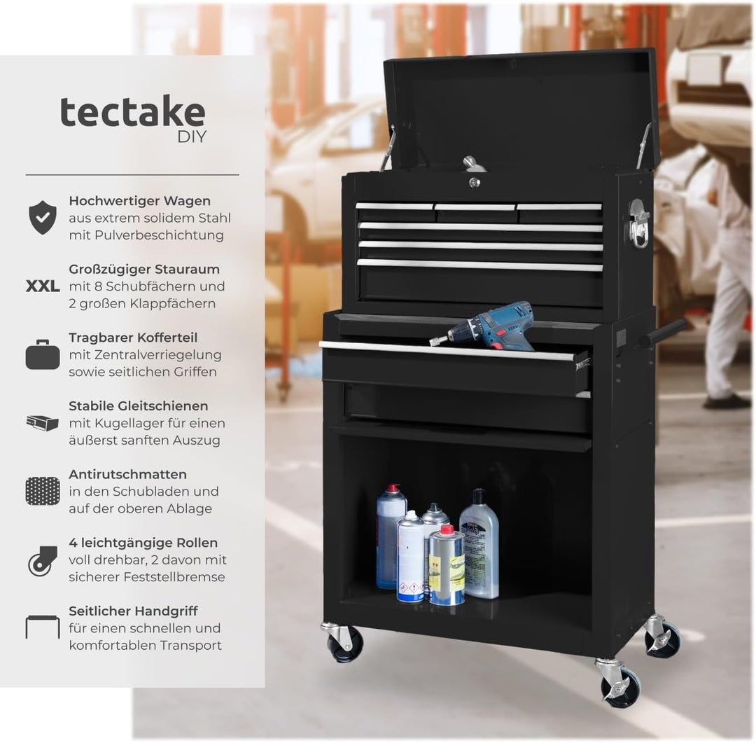 tectake Werkstattwagen Trolley mit Kofferaufsatz, Werkzeug Wagen abschliessbar, 10 Fächer, Mobile We
