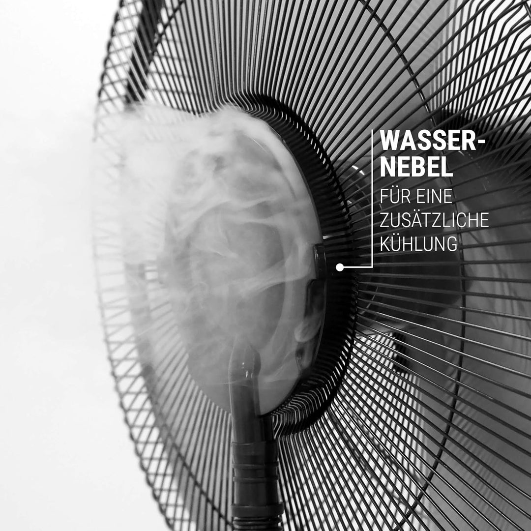 VASNER Cooly Ventilator schwarz mit AirCape Schutzhülle weiss – Standventilator Wasser Sprühnebel, 3