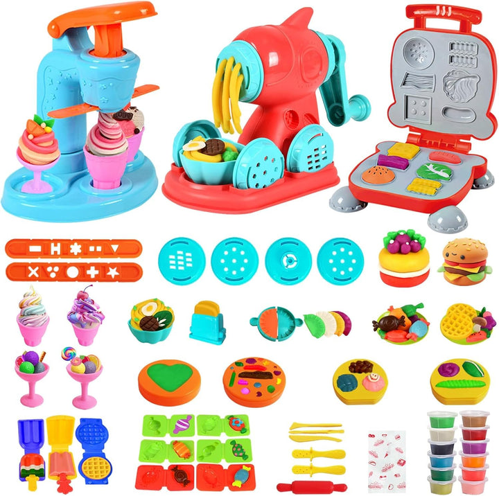 51 Stück Knete Dough Set für Kinder,Kitchen Creations Nudelmaschine Spielset Burger Eiscreme, Knetwe