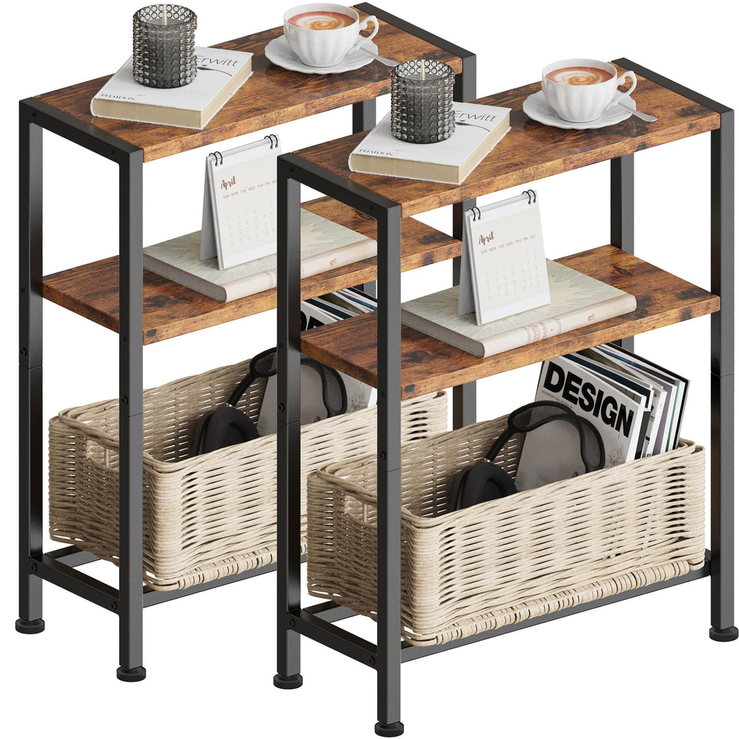 Schmaler Beistelltisch, Nachttisch, 2er Set, 3 Ablagen Nachttisch Schmal mit Stauraum, sofa beistell
