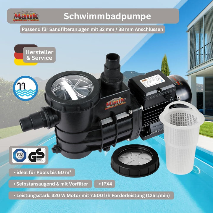 Mauk Schwimmbadpumpe 320 W 7500l/h max 60 m³ inkl Vorfiltereinsatz Single, Single
