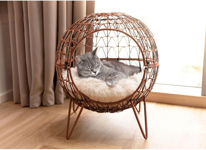BURI Heimtier Schlafkörbchen Rattan mit Kissen 45x50cm Katze Katzenbett Kugel Schlafplatz