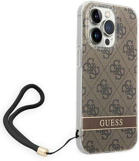 GUESS GUOHCP14LH4STW Hülle für iPhone 14 Pro 6,1" braun/Brown hardcase 4G Print Strap