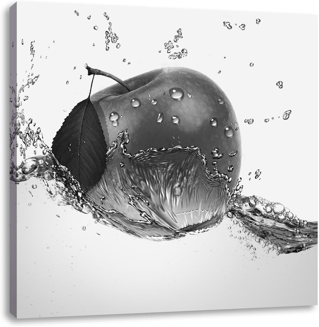 Pixxprint Köstlicher Apfel fällt ins Wasser Schwarz/Weiss, Format: 70x70 auf Leinwand, 70x70