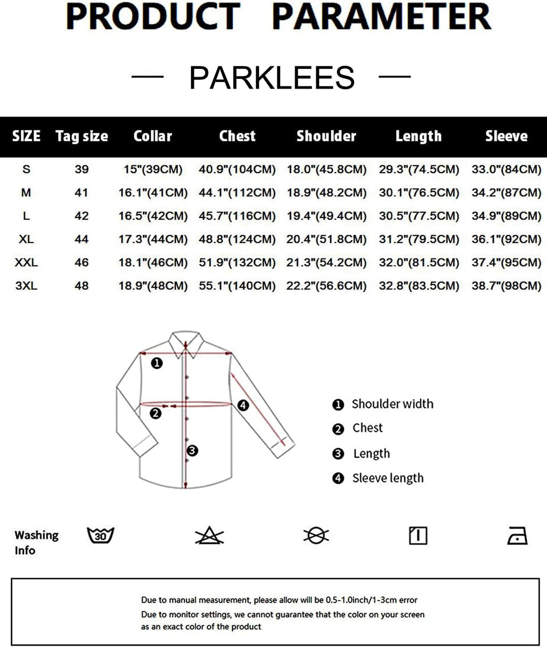 PARKLEES Herren Hemd aus massivem Twill, klassische Passform, schmale Passform, langärmelig, mit Tas