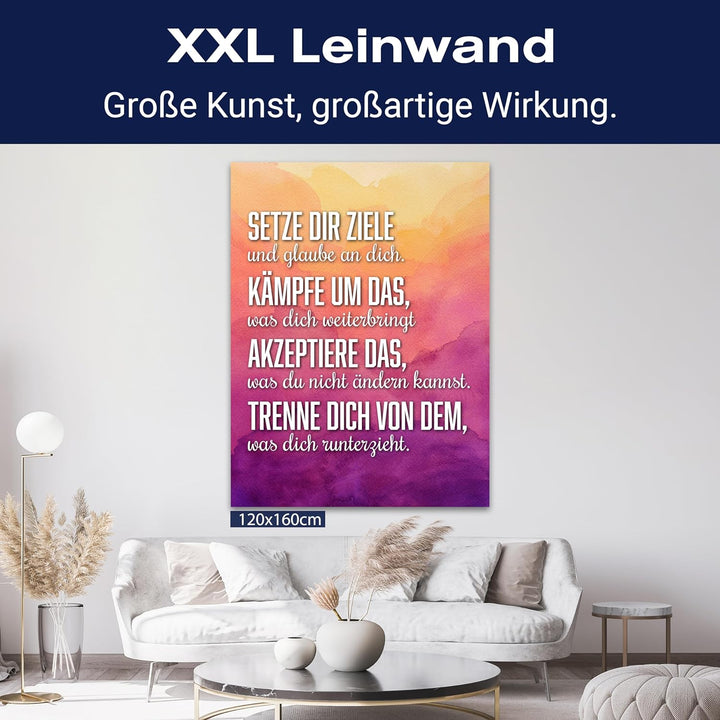 wandmotiv24 Motivations Motiv als Leinwandbild, 100x75cm, Hochformat, setze dir Ziele, Lila, Orange,