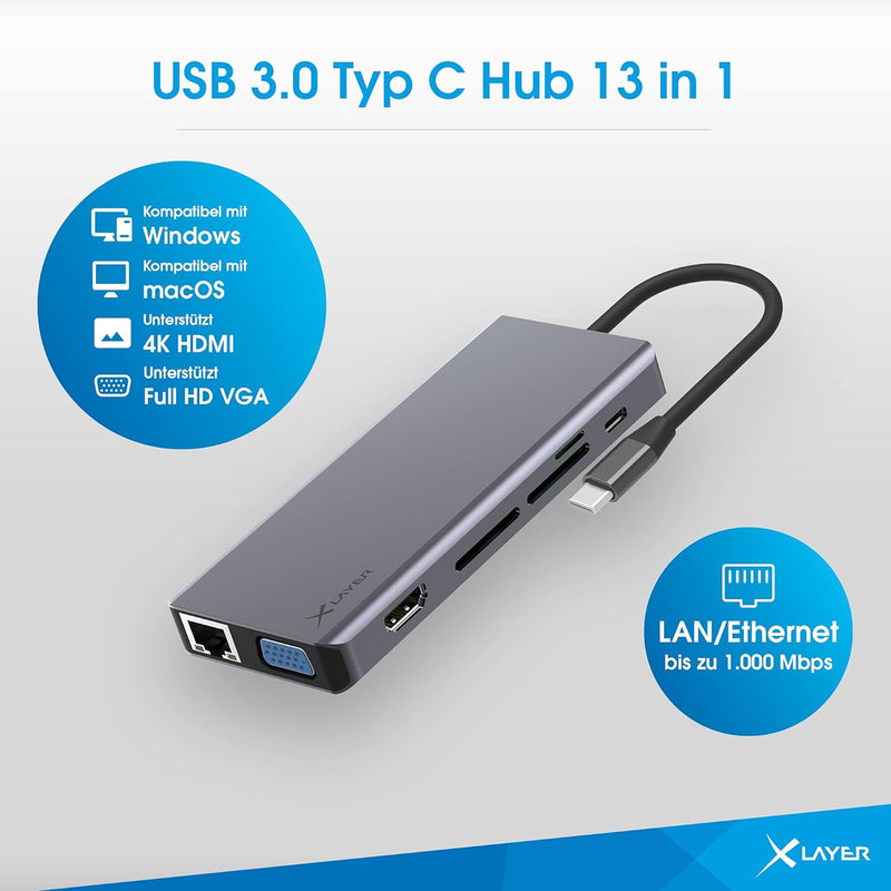 Xlayer USB C Hub MULTIPORT Adapter HDMI SD 4K Docking Station 3.0 Kabel kompatibel für MacBook Pro/A