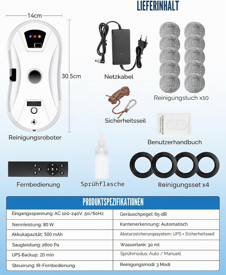 Fensterputzroboter mit Dual-Rotationssystem & Sprühfunktion, 2800Pa, Automatischer Fensterreiniger,