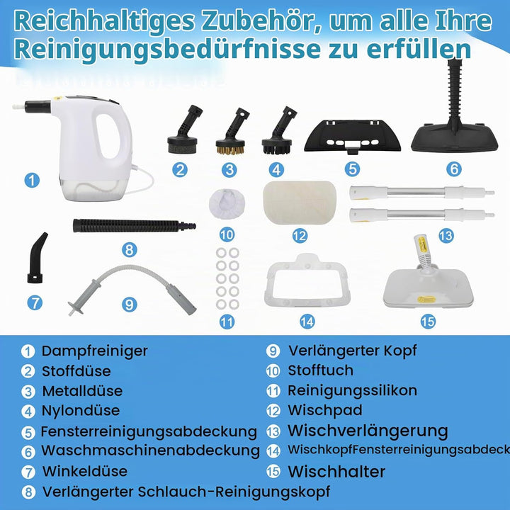 Dampfreiniger Handgerät 1200W, 2-in-1 Dampfreiniger mit Dampf Mop Funktion für Zuhause, 500ML Tank,