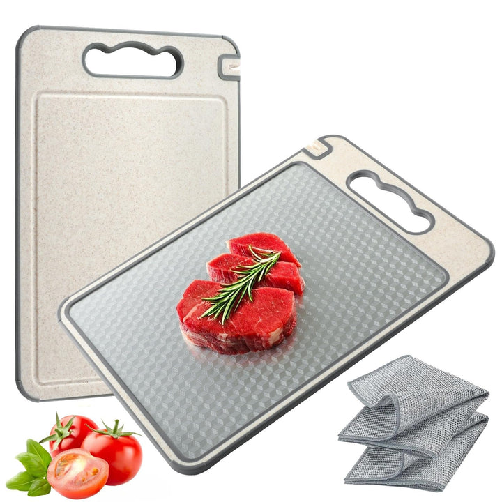 Doppelseitiges Schneidebrett für die Küche, 304 Edelstahl und Weizenstroh Schneidebrett für Fleisch,