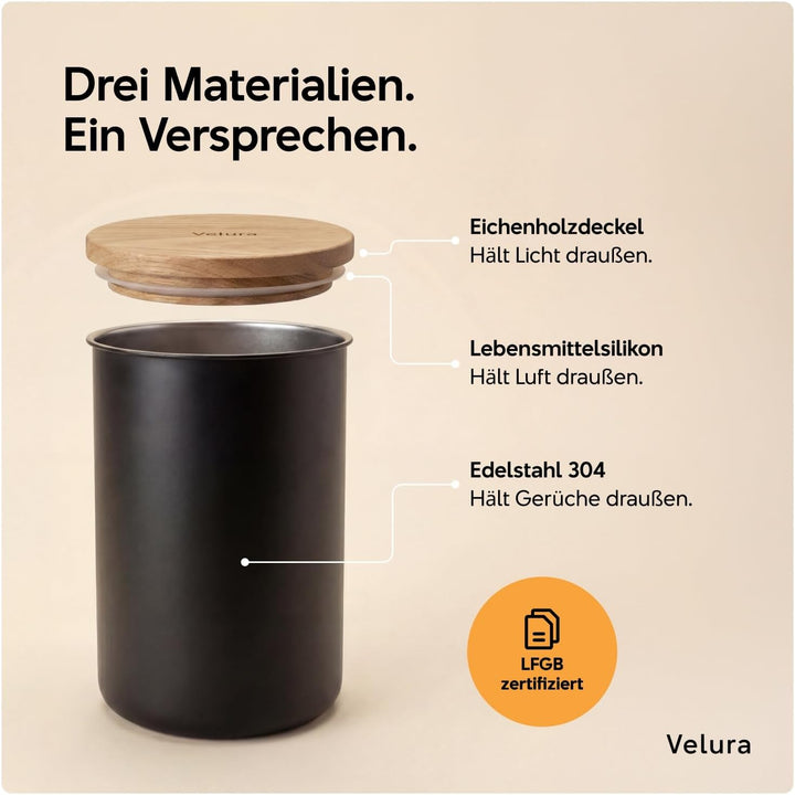Velura Kaffeedose luftdicht für 1kg Kaffeebohnen aus Edelstahl - Vorratsdose zur Aufbewahrung für Ka