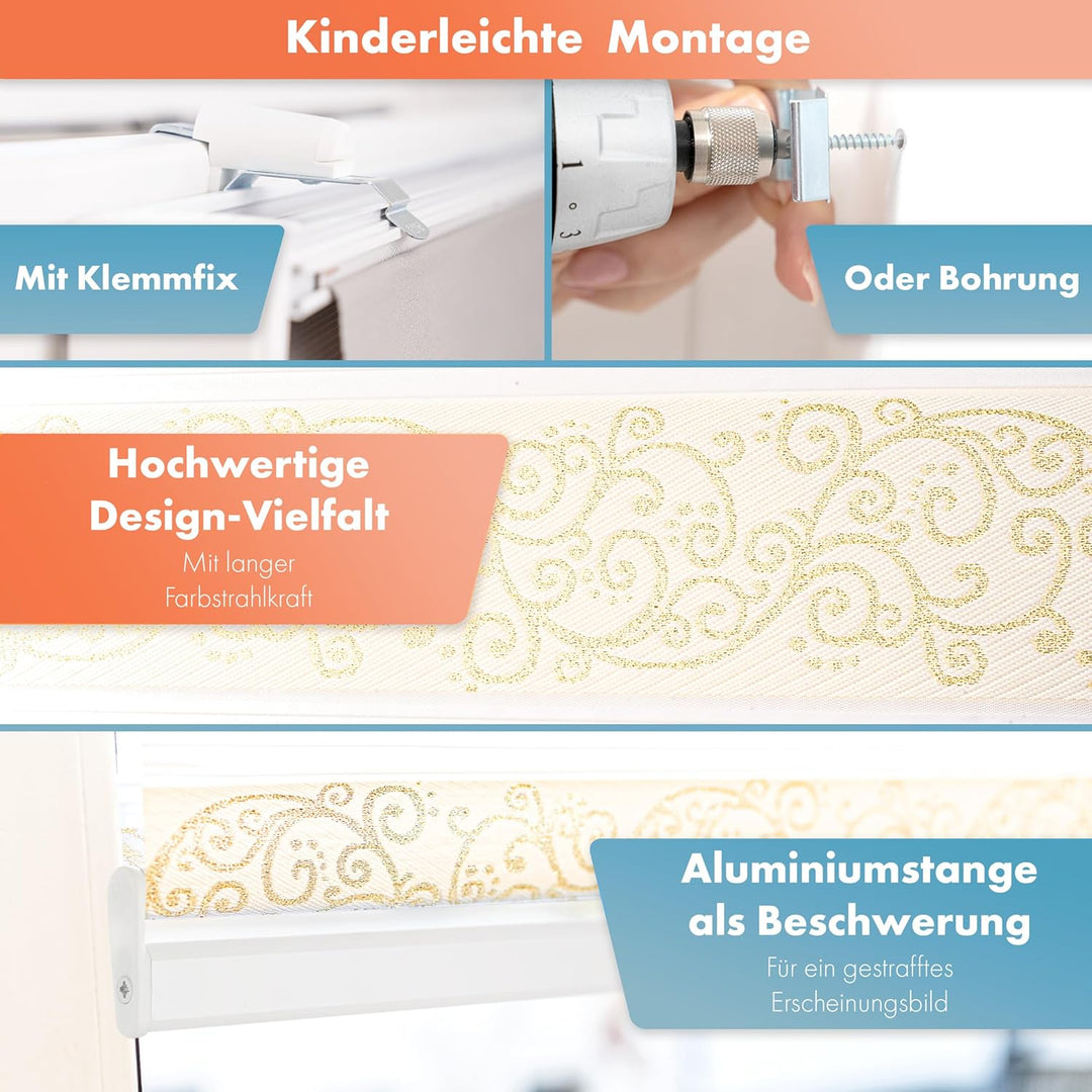 Bailena Doppelrollo ohne Bohren 4in1 Klemmfix Duo Rollos mit Muster Ranken Blumen Motiv mit Perlen G