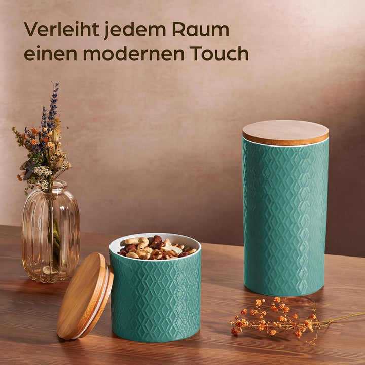 Vorratsdosen Keramik mit Deckel Luftdicht - 3er Vorratsbehälter Set aus Keramik mit Bambusdeckel Zur