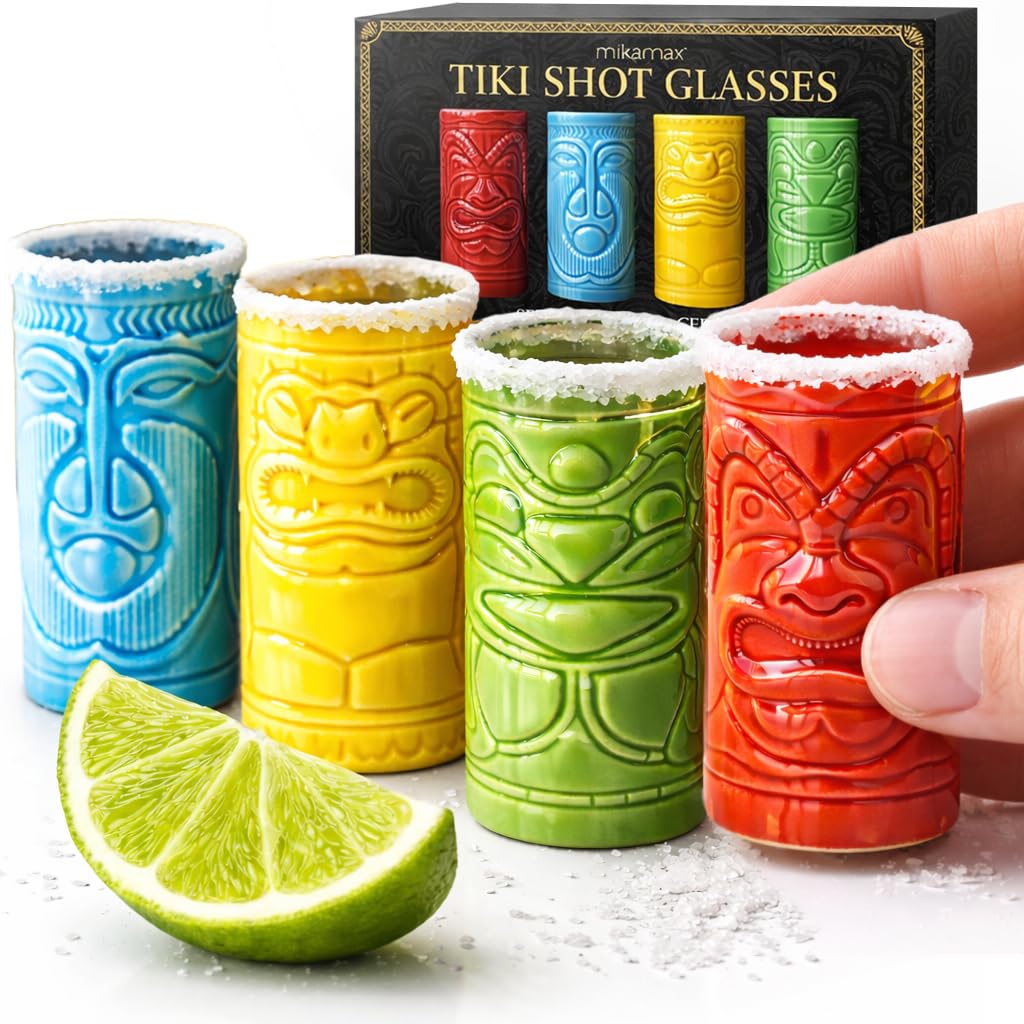 mikamax Tiki Schnapsgläser 4er Set 60 ml - Bunte Keramik mit Tiki Motiven - Spülmaschinenfest - Hawa