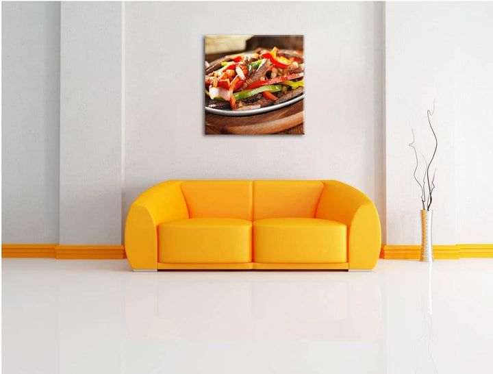 Fleischpfanne mit Paprika, Format: 70x70 auf Leinwand, XXL riesige Bilder fertig gerahmt mit Keilrah