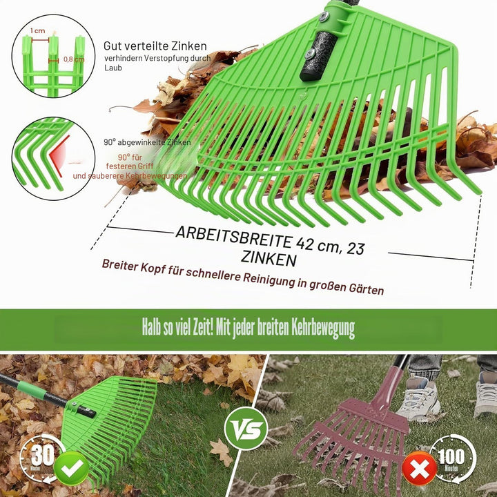 Laubrechen, 42cm breite Gartenharke für Hof Rasen, 106 cm Verstellbarer Langer Griff Garten Laubrech