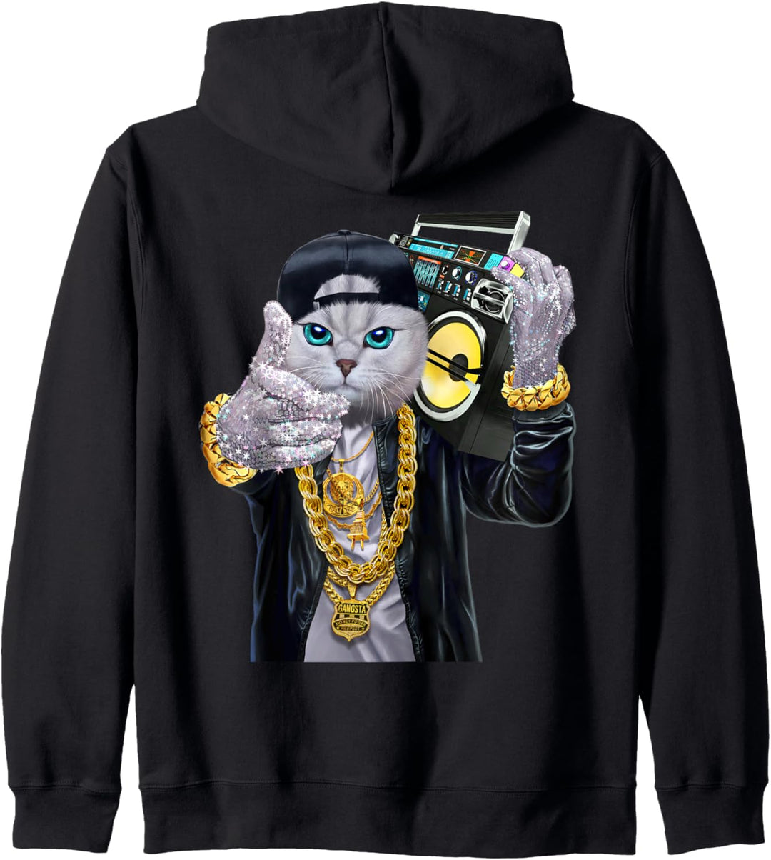 Rapper Katze im Hip Hop Hut mit Boombox Kapuzenjacke