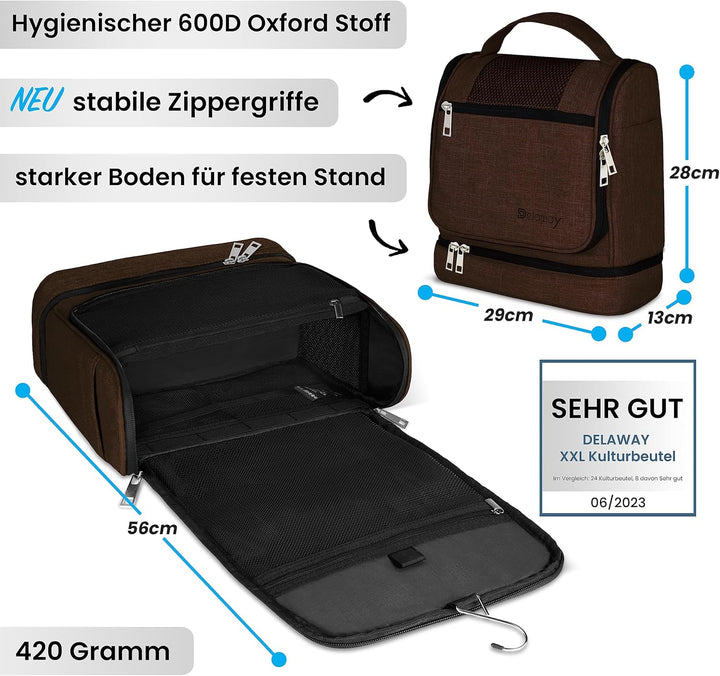 DELAWAY XXL Kulturbeutel zum Aufhängen [Design 2024] Grosse Kulturtasche für Damen, Herren mit Koffe