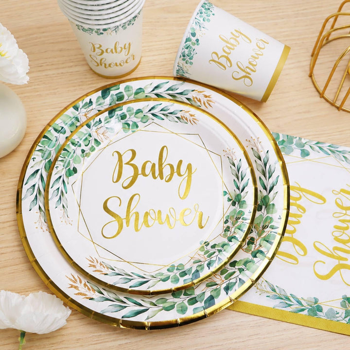 Babyparty Deko Neutral Partygeschirr Set für 25 Personen, 100 Stück Grün Gold wiederverwendbare Kart