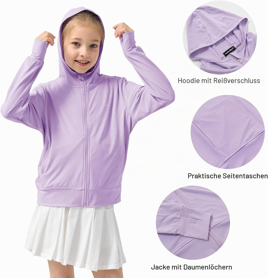 Rolanko Mädchen Sommerjacke mit Daumenlöchern Langarm Sonnenschutz Schnell Trocknend Reissverschluss